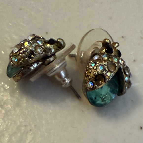 Betsey Johnson Teal and Crystal Ladybug Earrings - Picture 2 of 3